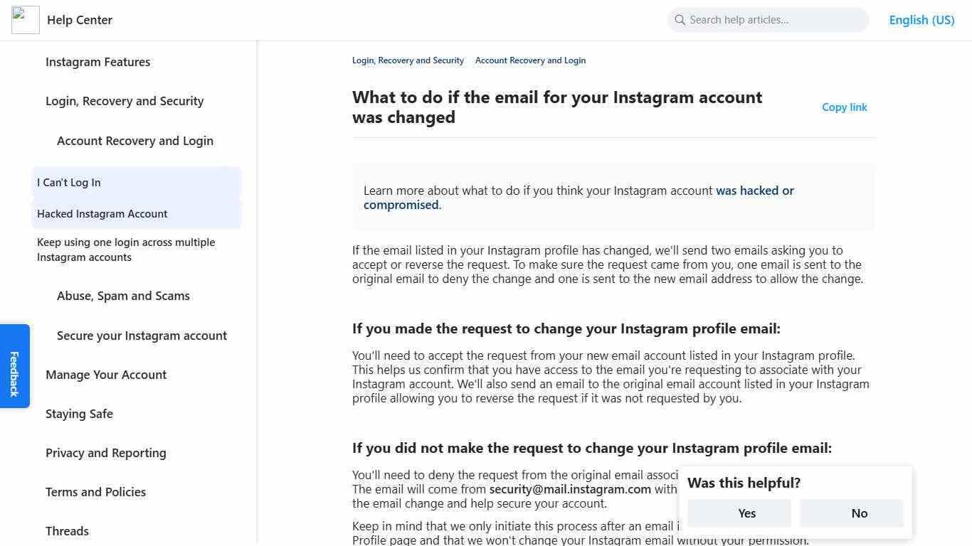 What to do if the email for your Instagram account was changed | Instagram Help Center