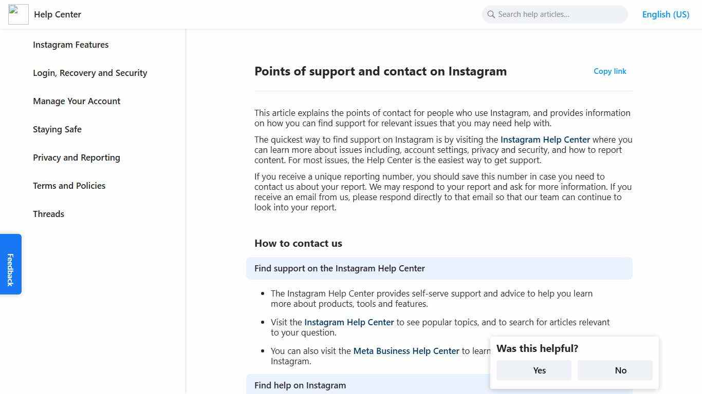 Points of support and contact on Instagram | Instagram Help Center